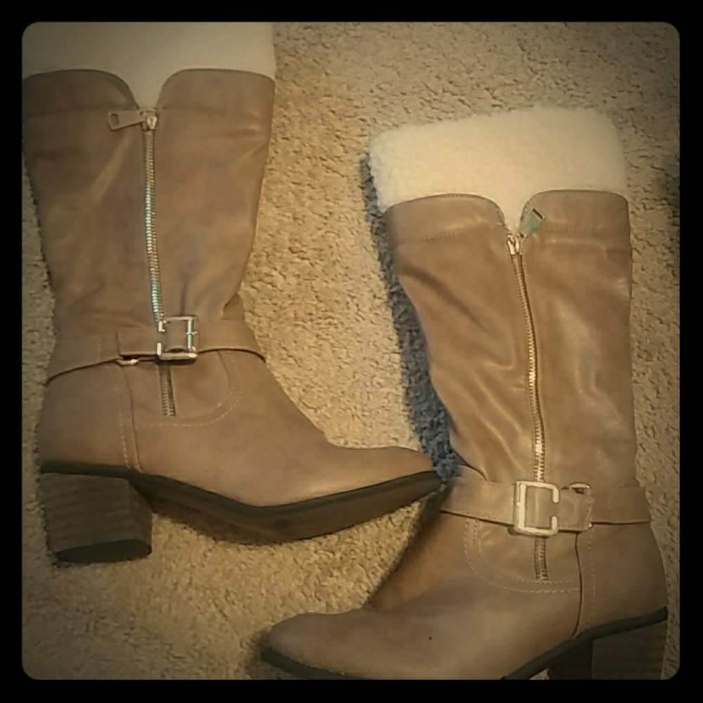 Tan and gold buckle boots